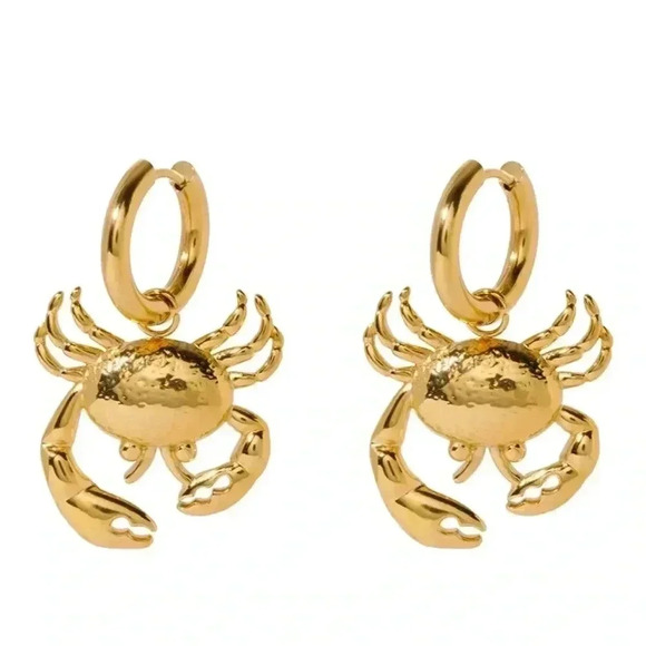 *NEW* 18K Gold Plated Stainless Steel Crab Earrings on Congo Hoops  (GOLD) - Picture 6 of 8